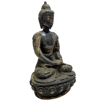 Paar nepalesische Buddha-Statuen aus den Patan-Ateliers, traditioneller Newar-Stil, Lot 457, feuervergoldete Bronze, 18,5 cm hoch, Abhaya Mudra, 3,2 kg schweres Set, frühes 20. Jahrhundert, 1stbuddha.