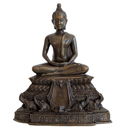 Sitzender Buddha Bronze mit Elefanten Sockel in Meditation mit ruhiger Ausstrahlung