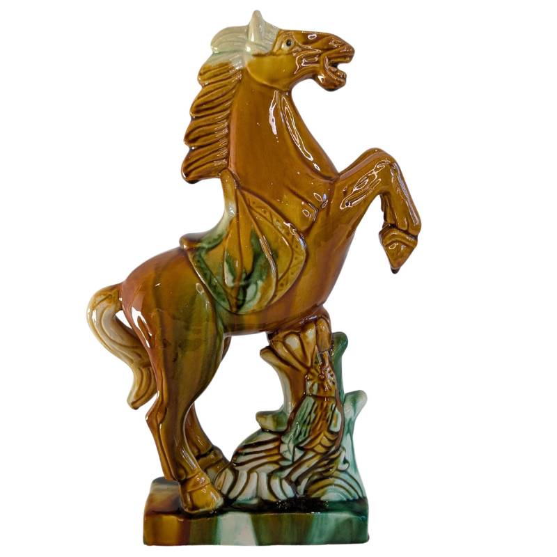 steigendes pferd keramik skulptur glasiert braun gruen dynamisch