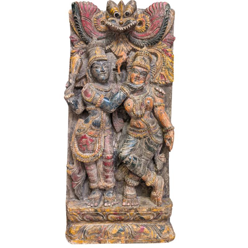 Südindisches Tempelpaneel – Vishnu und Lakshmi Teakholz Polychromes Relief | 1stBuddha