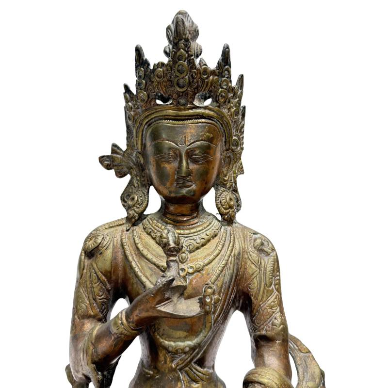 Tantrische Vajrasattva Statue aus Bronze, Himalaya-Region, Lot 460, 34 cm hoch, 3,4 kg, rituell belebt mit offener Ushnisha, tiefe natürliche Patina, authentisches Vajrayana-Bildnis, 1stbuddha.