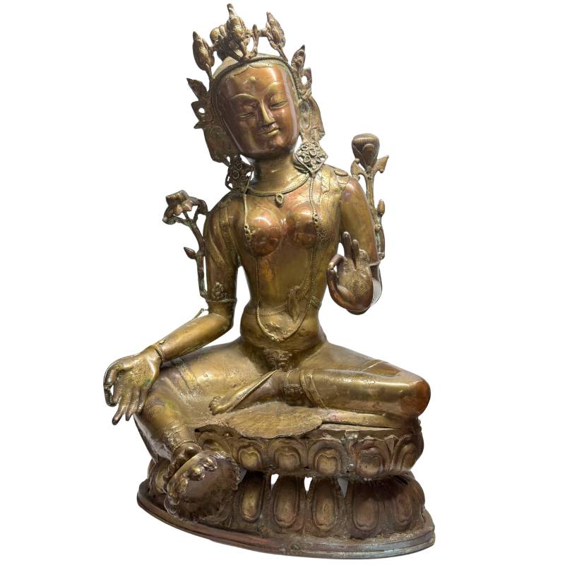 Monumentale stehende Tara-Großfigur aus Bronze, 80 cm hoch, tibetischer Vajrayana-Stil, 24,2 kg, Lot 408 bei 1stbuddha, 19. Jahrhundert, Feuervergoldungsreste, antike rötlich-braune Patina, sakrale Himalaya-Kunst.