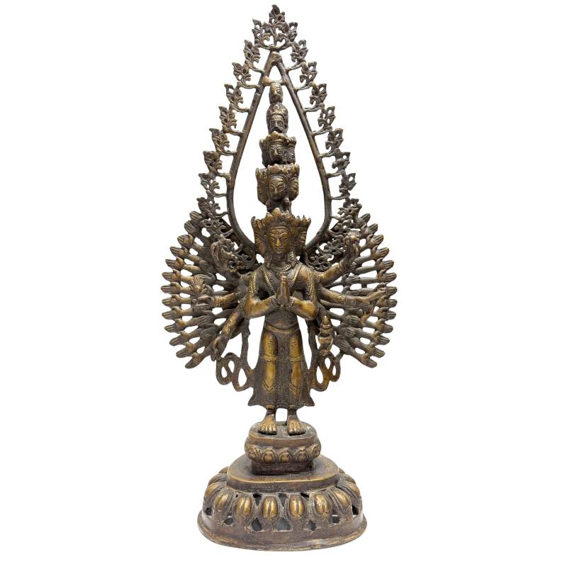 Tausendarmiger Avalokiteshvara, 49 cm große Bronze-Statue, Lot 461, 4,2 kg, elf Köpfe mit Resten von Feuervergoldung, nepalesische Sakralkunst für Meditationsräume, 1stbuddha.