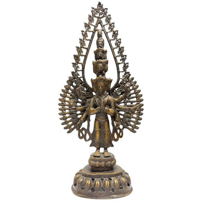 Tausendarmiger Avalokiteshvara, 49 cm große Bronze-Statue, Lot 461, 4,2 kg, elf Köpfe mit Resten von Feuervergoldung, nepalesische Sakralkunst für Meditationsräume, 1stbuddha.