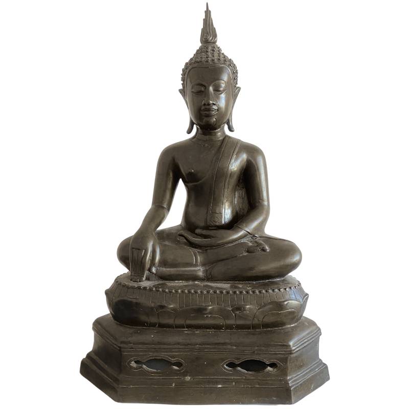 Thailändische sitzende Buddha Statue aus Bronze in Bhumisparsha Mudra mit Ushnisha Flamme
