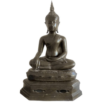 Thailändische sitzende Buddha Statue aus Bronze in Bhumisparsha Mudra mit Ushnisha Flamme