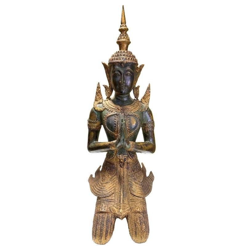 Paar antike thailändische Tempelwächter Statuen aus Bronze, 19. Jahrhundert, 56 cm hoch, 15 kg Set, Reste von Feuervergoldung, kniende Thephanom Figuren, Lot 433, 1stbuddha.