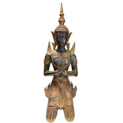 Paar antike thailändische Tempelwächter Statuen aus Bronze, 19. Jahrhundert, 56 cm hoch, 15 kg Set, Reste von Feuervergoldung, kniende Thephanom Figuren, Lot 433, 1stbuddha.