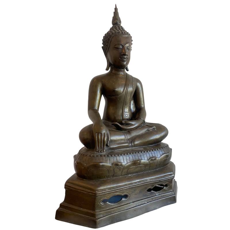 Thailändische Buddha Tempelstatue aus Bronze in Bhumisparsha Mudra