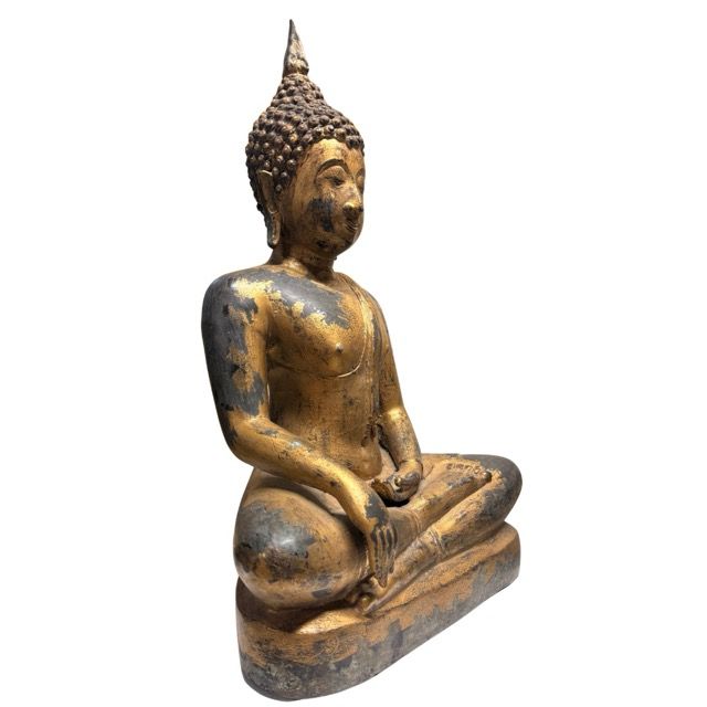 Große thailändische Buddha-Statue aus Bronze mit tiefer dunkler Patina und Goldresten, 59 cm hoch, 18,4 kg schwer
