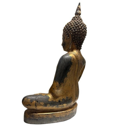 Antike thailändische Buddha-Statue aus Bronze mit sichtbaren Goldresten und dunkler Patina, 59 cm Höhe, 18,4 kg Gewicht