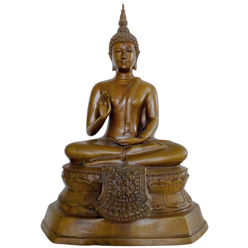 Thailändische Buddha-Statue aus Bronze mit Goldresten und Tempel-Patina