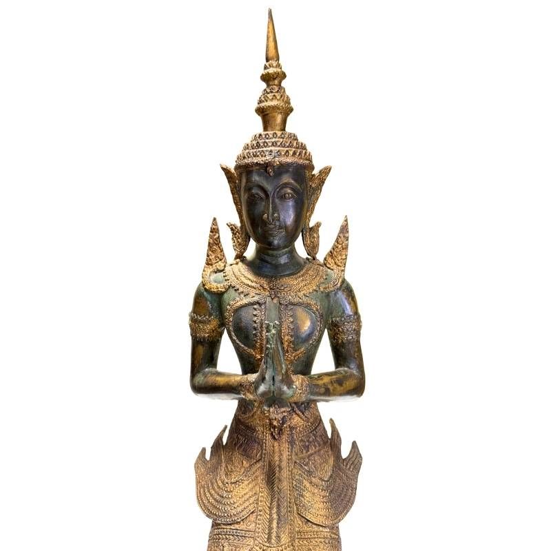 Paar antike thailändische Tempelwächter Figuren aus Bronze, 19. Jahrhundert, 56 cm hoch, 15 kg Set, Reste originaler Feuervergoldung, kniende Thephanom, Lot 433, 1stbuddha.