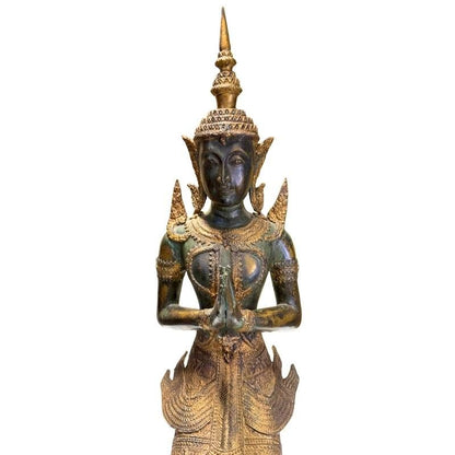 Paar antike thailändische Tempelwächter Figuren aus Bronze, 19. Jahrhundert, 56 cm hoch, 15 kg Set, Reste originaler Feuervergoldung, kniende Thephanom, Lot 433, 1stbuddha.