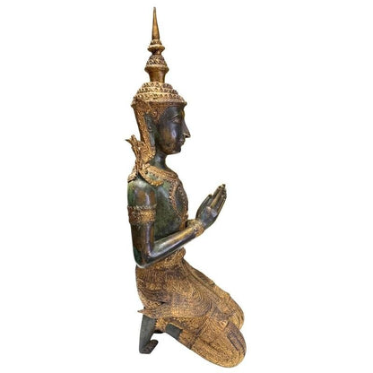 Antikes Duo thailändischer Tempelwächter aus Bronze, 19. Jahrhundert, 56 cm hoch, 15 kg Set, Reste originaler Feuervergoldung, kniende Thephanom Figuren, Lot 433, 1stbuddha.