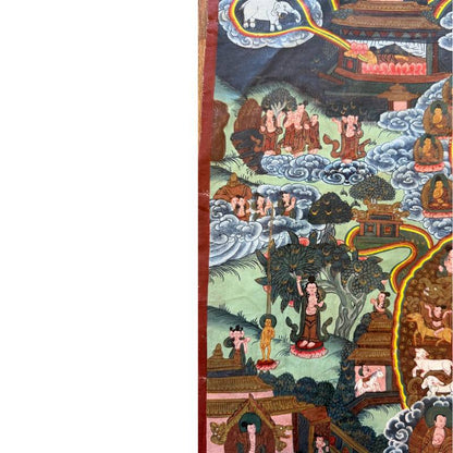 Handgemaltes erzählendes Buddha-Thangka aus Nepal, Pigmentmalerei auf Stoff mit ritueller Patina, Kathmandu-Tal, 1stbuddha.