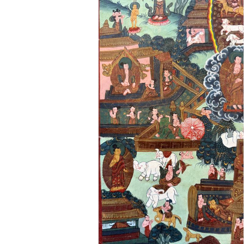Handgemaltes Buddha-Thangka aus Nepal, Darstellung der Lebensstationen Shakyamunis auf Stoff, Kathmandu-Tal, 1stbuddha.