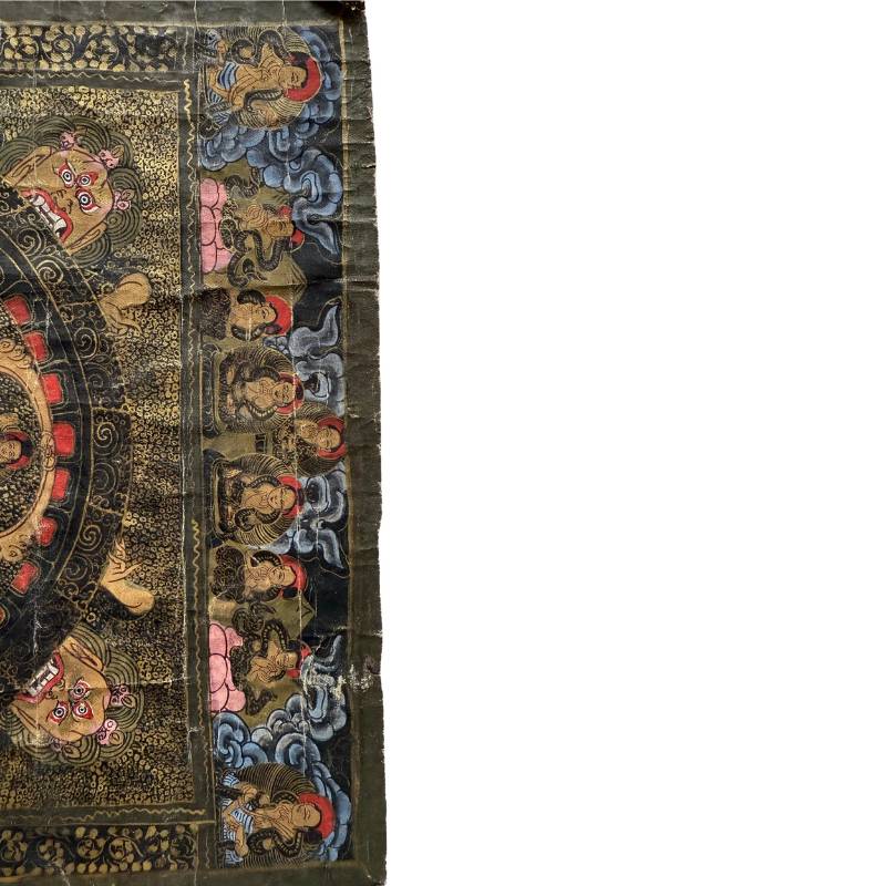 Handgemaltes nepalesisches Mandala-Thangka mit klarer symmetrischer Struktur, Pigment auf Stoff, authentische Gebrauchsspuren für Meditation und Fokus, 1stbuddha.