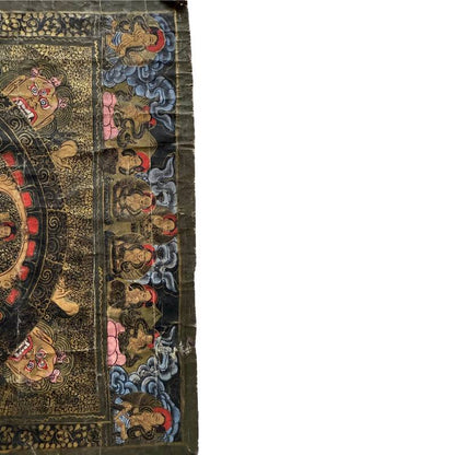 Handgemaltes nepalesisches Mandala-Thangka mit klarer symmetrischer Struktur, Pigment auf Stoff, authentische Gebrauchsspuren für Meditation und Fokus, 1stbuddha.