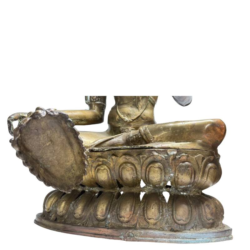 Tibetische Kunstfigur einer Bodhisattva-Darstellung, stehende Tara aus Bronze, 80 cm, Lot 408 bei 1stbuddha, Vajrayana-Ikonografie, 19. Jahrhundert, schwere Bronze mit Feuervergoldungsresten und rötlich-brauner Patina.