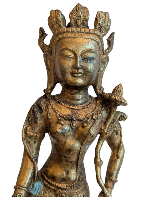 tibetischer avalokiteshvara bronze skulptur stehende figur patina