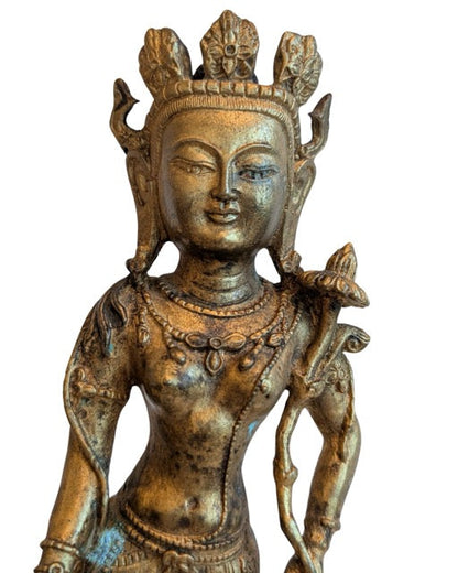 tibetischer avalokiteshvara bronze skulptur stehende figur patina