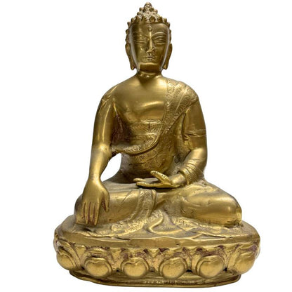 Tibetischer Shakyamuni Buddha aus vergoldeter Bronze auf Lotusthron
