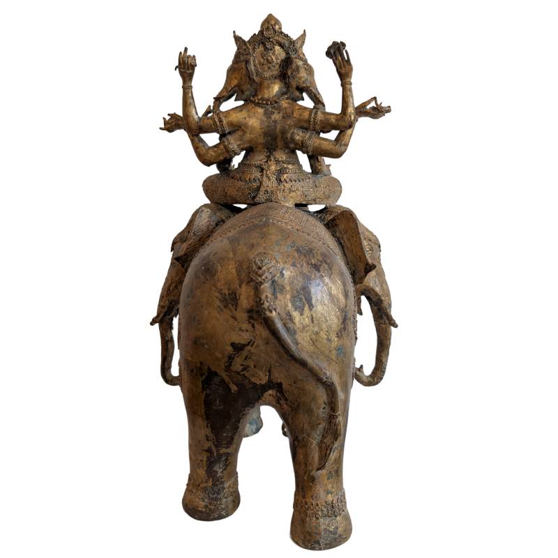 Trimukha Ganesha Statue aus Bronze aus Nepal mit alter Patina und Feuervergoldung