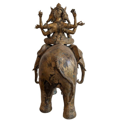 Trimukha Ganesha Statue aus Bronze aus Nepal mit alter Patina und Feuervergoldung
