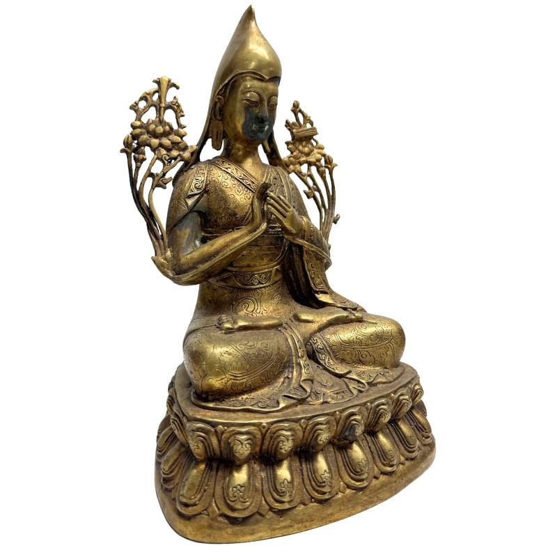 Detailreiche Statue des Gelug-Gründers Je Tsongkhapa aus massiver Bronze.