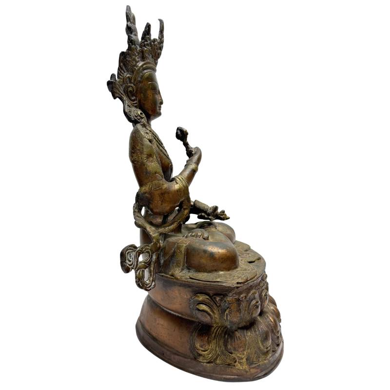 Antike Vajrasattva Statue aus Bronze, Lot 460, 34 cm, Detail der offenen Ushnisha (Konsekrationsöffnung), 3,4 kg, mit historischen Kernresten und ritueller Patina, 1stbuddha Expertise.