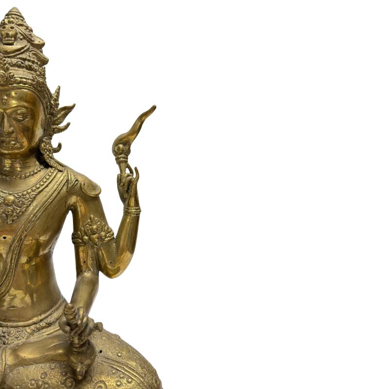 Vierarmiger Avalokiteshvara aus Bronze mit Spuren von rituellem Gebrauch, Lot 444 bei 1stbuddha, nepalesische Newar-Arbeit des 18.–19. Jahrhunderts, 34,5 cm Höhe, 4,4 kg schwer, Vajrayana-Bodhisattva mit Resten von Feuervergoldung und weich beriebener Patina.