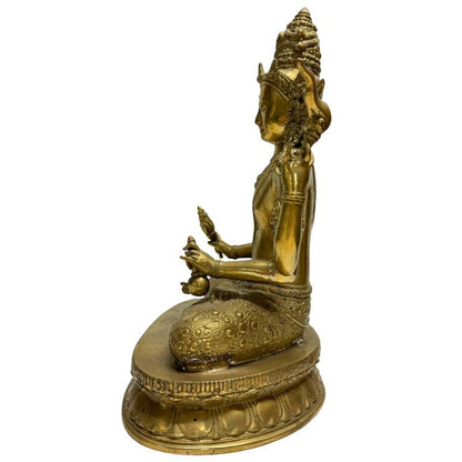 Vierarmiger Vajrayana-Bodhisattva aus einem antiken Newar-Atelier in Nepal, 18.–19. Jahrhundert, Lot 444 bei 1stbuddha, schwere Bronze mit Resten von Feuervergoldung, 34,5 cm Höhe, Darstellung des Avalokiteshvara mit ritueller Schädelschale und Öllampe.