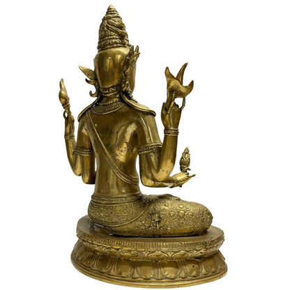 Vierarmiger Vajrayana-Bodhisattva aus Nepal mit rituellen Attributen (Öllampe, Lotus, Kapala), Lot 444 bei 1stbuddha, 18.–19. Jahrhundert, schwere Bronze mit Resten von Feuervergoldung, 34,5 cm Höhe.