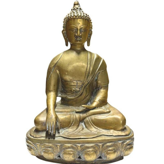 Antiker Buddha auf Lotusthron, feuervergoldetes Metall, 18. Jahrhundert bis frühes 19. Jahrhundert, handgearbeitete Details, authentische Alterspatina, Lot 425.