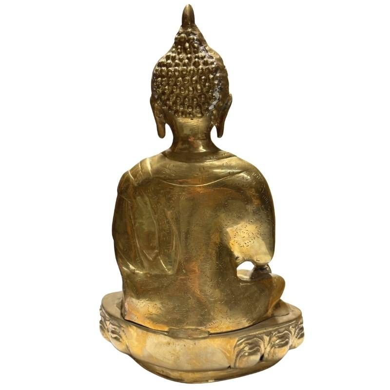 Antiker Buddha aus Tibet, feuervergoldete Bronze, Himalaya-Region 18.-19. Jahrhundert, massive Qualität (4 kg), 36,5 cm hoch, sakrales Kunstwerk mit antiker Patina, Lot 424.