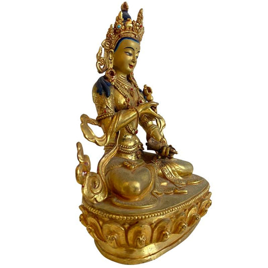 Weiße Tara Statue aus Nepal, feuervergoldete Bronze mit polychromen Details, Newar-Stil um 1900