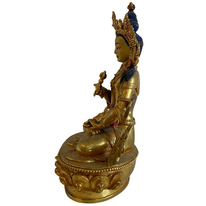 Buddhistische Weiße Tara Statue aus Nepal, feuervergoldete Bronze mit polychromen Details, Newar-Stil, 19./20. Jahrhundert